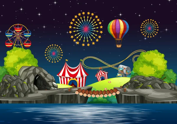 Scene background design with circus at night — Stock Vector