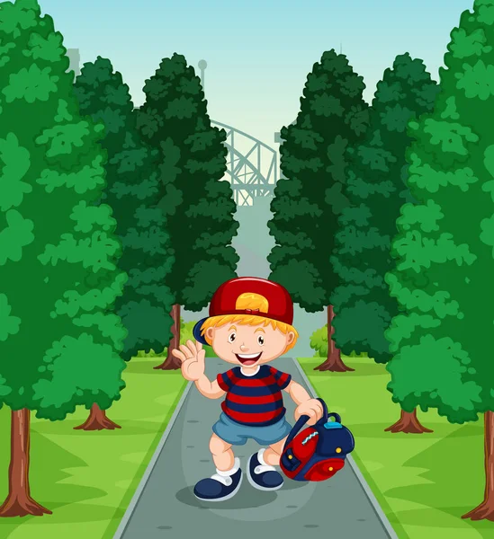 Junge läuft Pfad mit Bäumen hinunter — Stockvektor