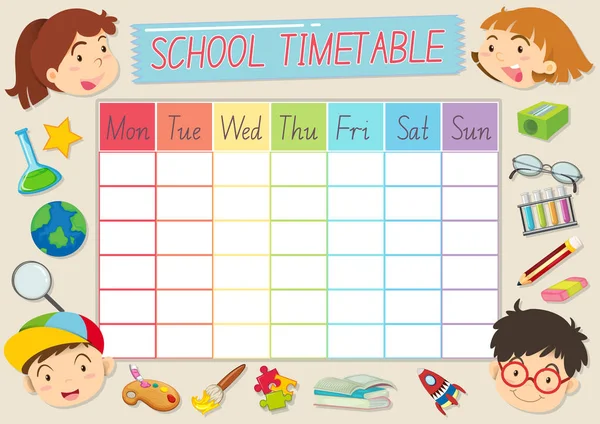 Stundenplan-Vorlage mit Schülern und Schulmaterialien — Stockvektor