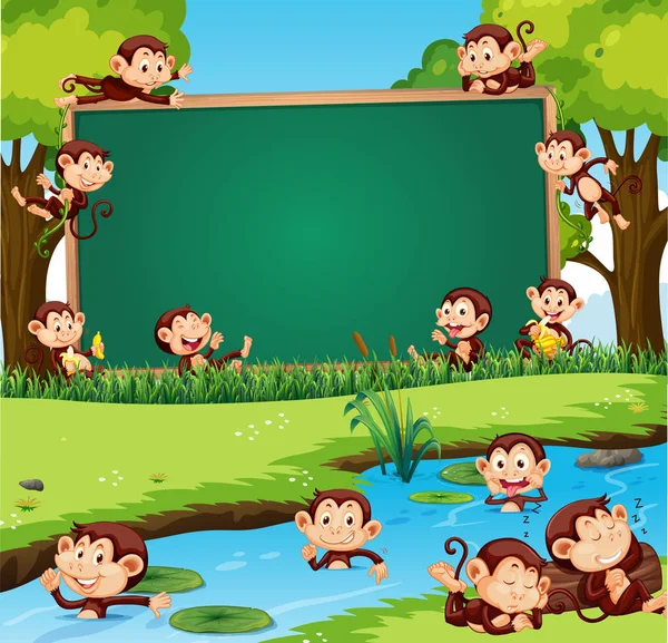 Design del modello di confine con scimmie carine nel parco — Vettoriale Stock