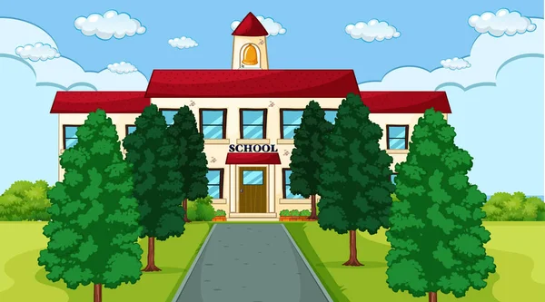 Edifício escolar com árvores e caminho — Vetor de Stock