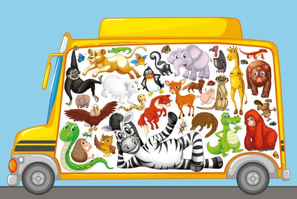 De nombreux animaux mignons dans le bus scolaire — Image vectorielle