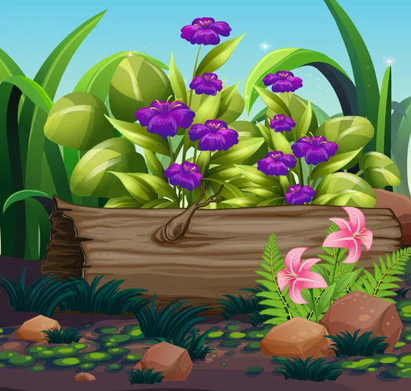 Natuur scène met paarse bloemen in de tuin — Stockvector