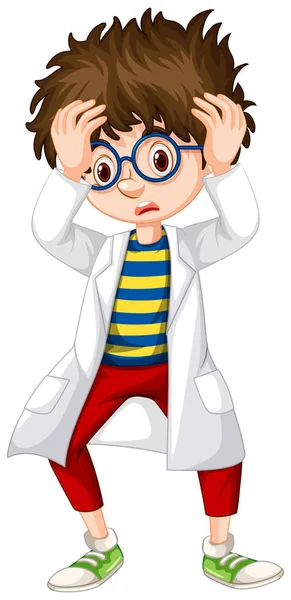 Niño en vestido de ciencia buscando preocupado — Vector de stock