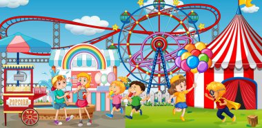 Çocukların oynadığı bir açık hava lunapark sahnesi