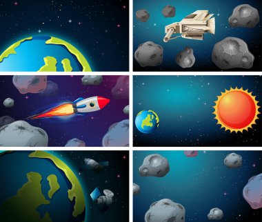Roketler, asteroitler ve dünya sahneleri seti