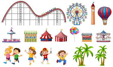 Çocuklar ve sürmek ile sirk tema izole nesneler