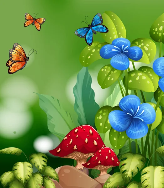 五颜六色的蝴蝶和鲜花的自然场景 — 图库矢量图片