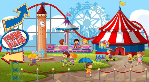 An outdoor funfair scene with many children — Stock Vector