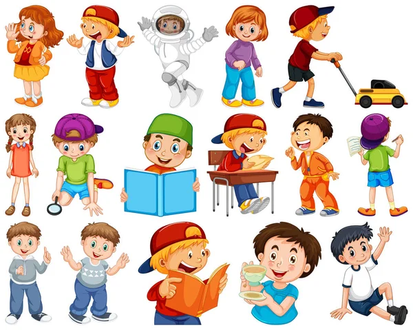 Niños en grupo grande interpretando nuestros variados roles — Vector de stock