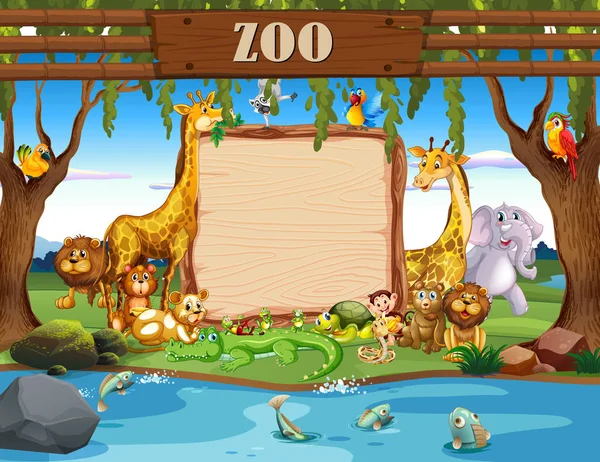 Border template with cute animals at the zoo — Stock Vector