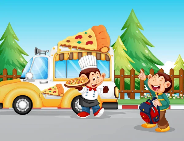 Scimmie che servono pizza nel parco — Vettoriale Stock