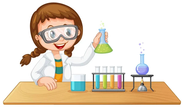 Schattig meisje op geïsoleerde witte achtergrond met Science thema — Stockvector