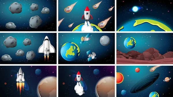 Set of various space scenes — Stock Vector