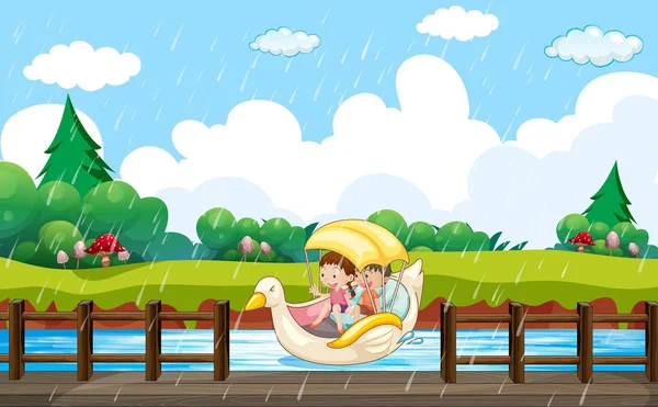 场景背景设计与孩子们在鸭子船上划船 — 图库矢量图片