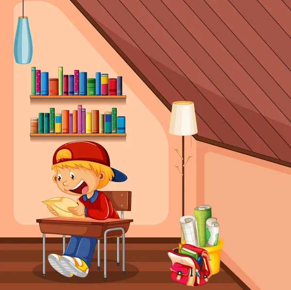 Kid doet huiswerk in kamer met tas en boeken — Stockvector