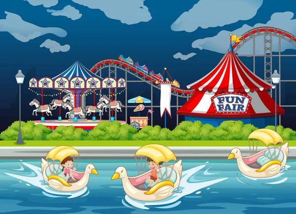 Scène achtergrond ontwerp met kinderen in waterfietsen — Stockvector