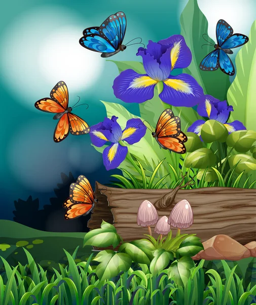 Nature scene with butterfly and iris flowers — Stock Vector