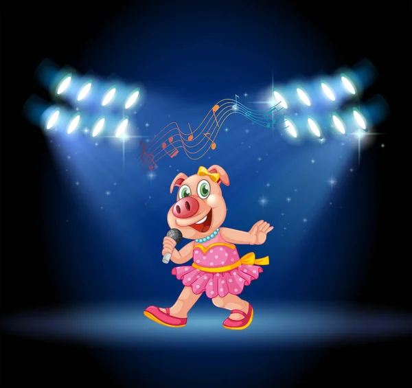 Lindo cerdo cantando y bailando en el escenario sith luces — Vector de stock