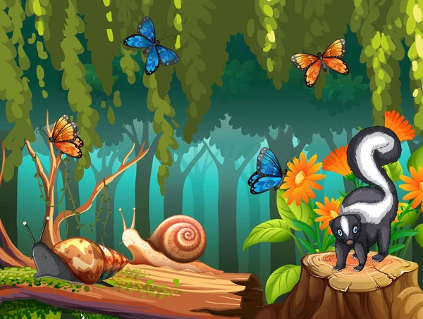 Scéna přírody se Skunk a motýlama v lese — Stockový vektor
