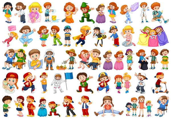 Niños en grupo grande interpretando nuestros variados roles — Vector de stock