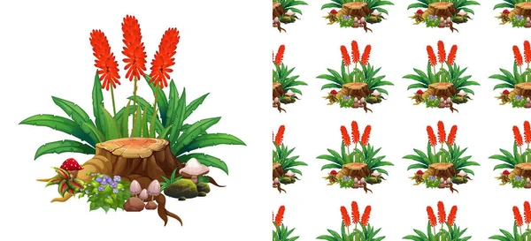 Nahtlose Hintergrundgestaltung mit Aloe Vera Blumen und Pilzen — Stockvektor