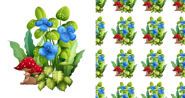 Design de fundo sem costura com flores azuis e cogumelos —  Vetores de Stock