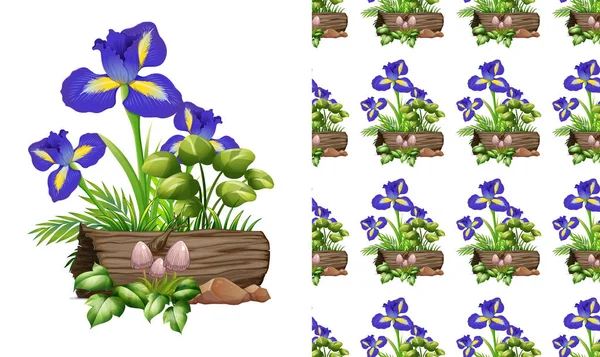 Varrás nélküli háttér tervez-val szivárványhártya virágok és fatörzs — Stock Vector