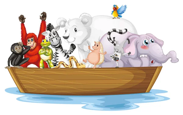 Molti animali selvatici in piccola barca Grafiche Vettoriali