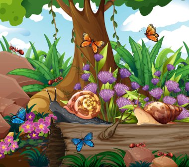 Salyangoz ve kelebekler ile arka plan sahnesi