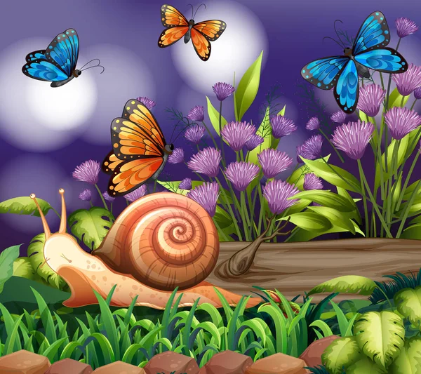 Escena de fondo con mariposas en jardín — Vector de stock