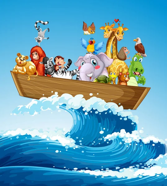 Many animals on the boat at sea — Stock Vector