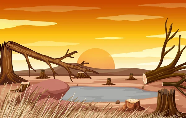 Escena con deforestación al atardecer — Vector de stock