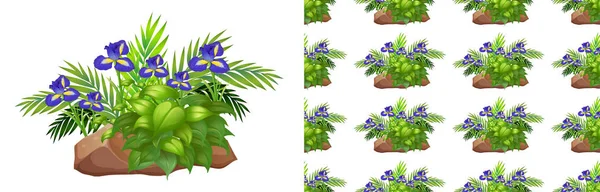 Design de fundo sem costura com flores de íris e samambaias —  Vetores de Stock