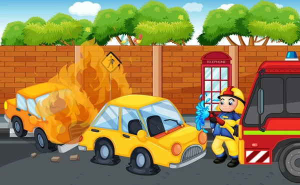 Сцена аварії з автомобілями під час пожежі на дорозі — стоковий вектор