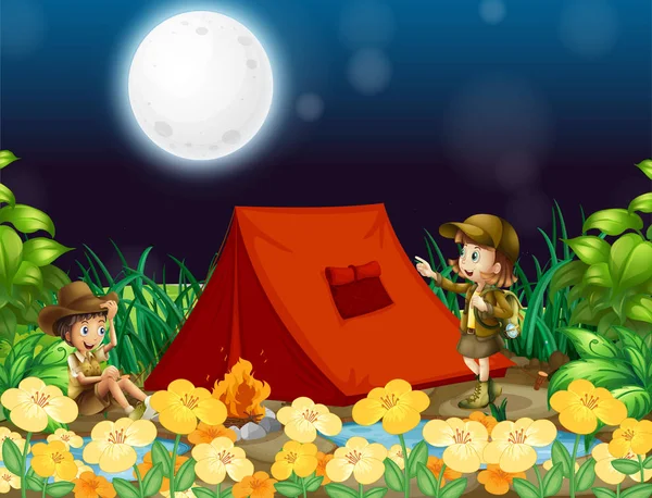 Scen bakgrund design med barn Camping ute på natten — Stock vektor