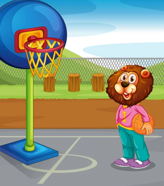 Lion playing basketball in park — Stock Vector