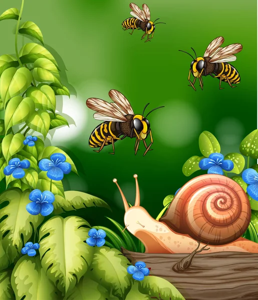 Escena natural con abejas y caracol — Vector de stock