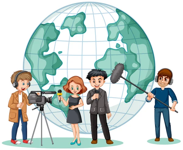 Nachrichtenreporter und Fotograf mit Globus im Hintergrund — Stockvektor