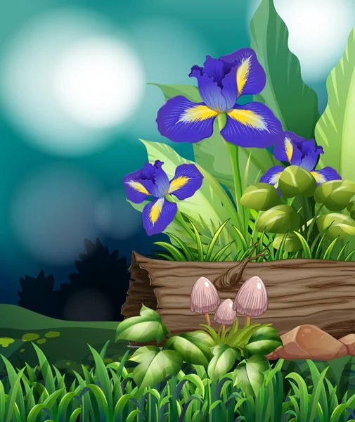 Scena naturalistica con fiori di iris e funghi — Vettoriale Stock