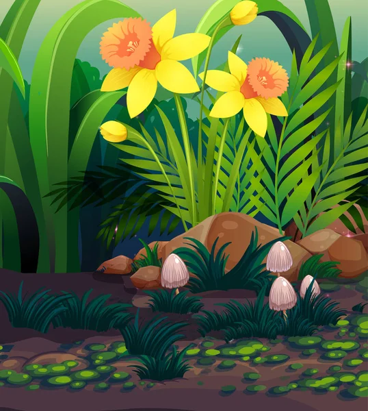 Természet jelenet sárga nárcisz virágok a kertben — Stock Vector