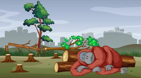森林砍伐的场景与大猩猩死亡 — 图库矢量图片