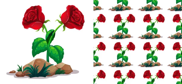 Nahtlose Hintergrundgestaltung mit roten Rosen und Steinen — Stockvektor
