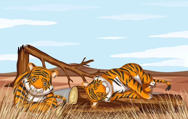 Escena de deforestación con tigres débiles — Vector de stock