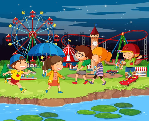 Szene-Hintergrundgestaltung mit Kindern auf Jahrmarkt — Stockvektor