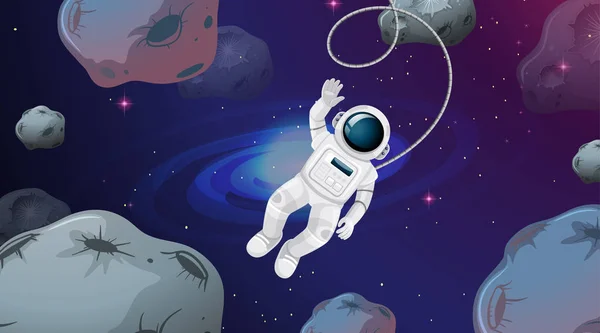 Astronauta en escena de asteroides — Vector de stock