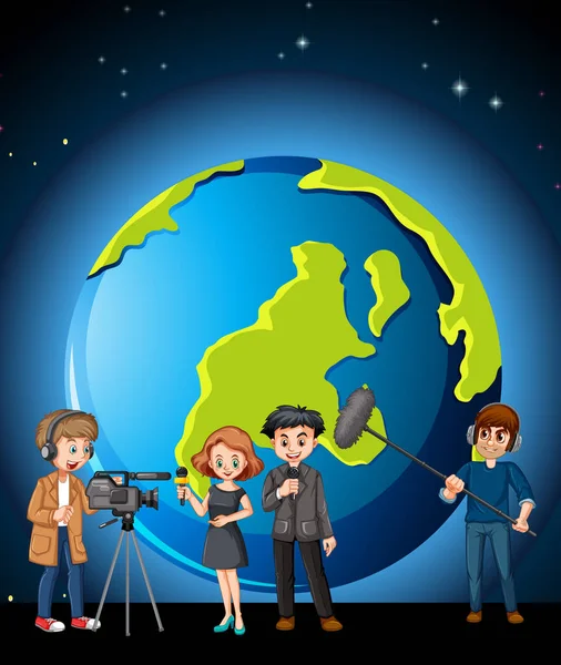 News reporter and photographer with globe in background — Stock Vector