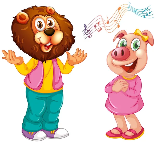 可爱的猪在人一样的姿势孤立 - 狮子和猪唱歌 — 图库矢量图片
