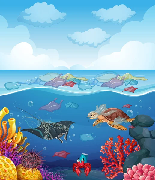 Σκηνή με θαλάσσια ζώα και σκουπίδια στον ωκεανό — Διανυσματικό Αρχείο