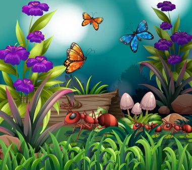 Bahçede kelebekler ve karıncalar ile arka plan sahnesi